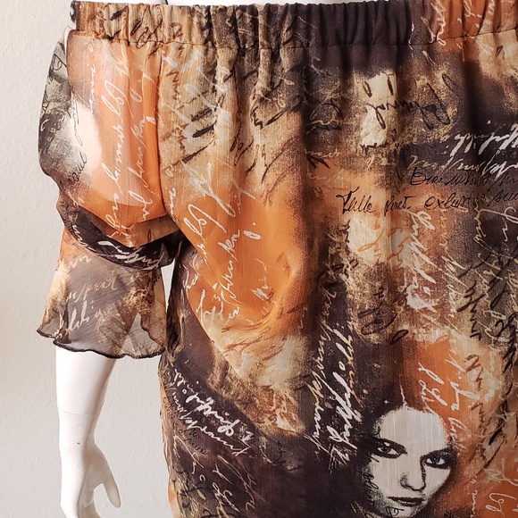 Off-shoulder Multi Print Blouse with Flounce Sleeves & Elastic Cuffs - Picture 6 of 8